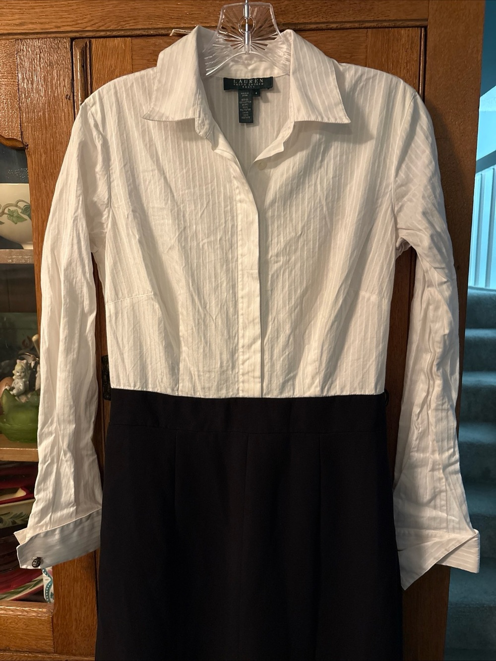 Ralph Lauren White and Black Button-Front Long Sleeve Dress
